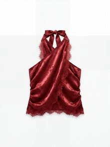 Nöista Polka Dot Halter Top With Lace Trim, Going Out Top For Women, Vacation Outfit, Party Style Aesthetic Chic - Burgundy - View 7