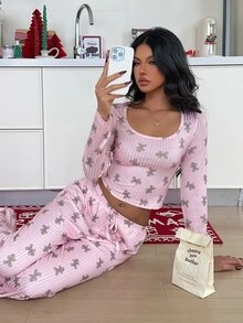 ZzzCrew Pink Women's Ribbed Knit Cartoon Cookie Man Christmas Print Large Scoop Neck Pajama Set - Pink - View 5