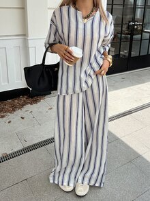 DAZY 春夏女款寬鬆襯衫上衣，飄逸白色兩件套 - 藍色 - 查看 6