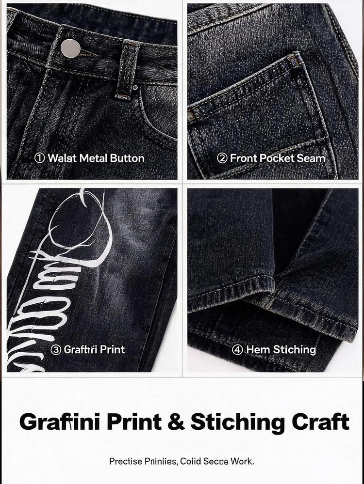 StreetHx Women's Casual Washed Letter Print Low Waist Wide Leg Jeans - Black - View 12