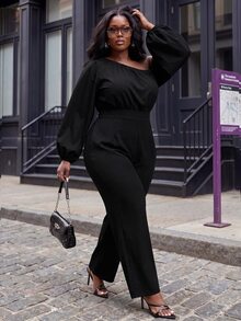 Slaydiva Plus Size Jumpsuit, Black Off Shoulder Puff Sleeve High Waist Slim Fit Romper - Black - View 5