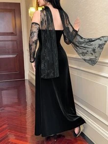 Feyla Gaun Wanita Elegan Lengan Panjang dengan Detail Renda Kontras - Hitam - View 2