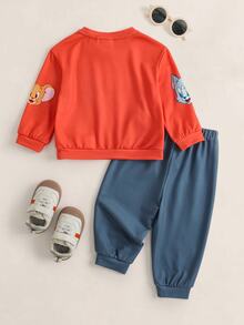 TOM & JERRY X SHEIN Baby Boy Cartoon Print Sweatshirt & Sweatpants Set - Orange - View 2
