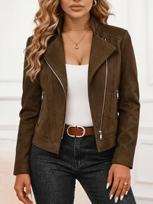 Velvienne Versatile Premium Metal Zipper Plus Size Women's Motorcycle Jacket - Brown - View 1
