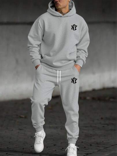 Manfinity Homme Men's Light Gray 2 Pieces Sports Set, Hooded Pullover + Cuffed Sweatpants, Featuring Black Artistic Bold Letter Print, Retro Y2K Streetwear Casual Outfit, Suitable For Fitness, Outings, Bars, Parties, Concerts, Music Festivals