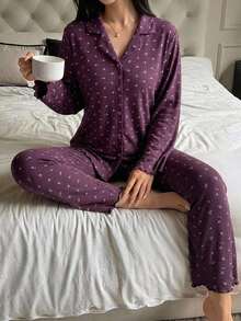 DAZY 甜美碎花無袖背心上衣與修身短版長褲兩件套，女款春夏睡衣套裝 - 中紫紅色 - 查看 5