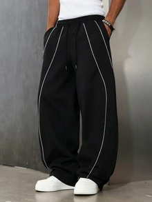 Manfinity Homme Men's Loose Casual Patchwork White Piping Plus Size Sweatpants - Black - View 4