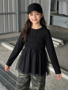 Dazy Kids Tween Girl Solid Color Pleated Casual Versatile Daily Wear Top - Black - View 7