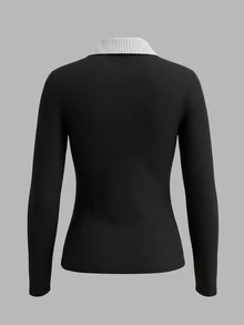 IslaSuriya Women's Patchwork Striped Shirt Collar Long Sleeve 2 In 1 Top - Black - View 2