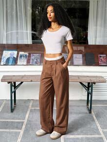 SHEIN EZwear 女款休閒條紋拼接色塊高腰寬腿西裝長褲，秋冬款 - 卡其色 - 查看 4