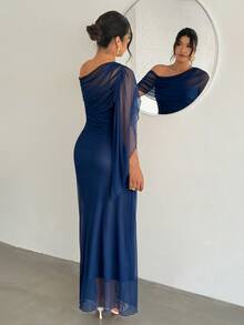 Firerie Plus Size Women's Long Sleeve Dress, Comfortable Casual Elegant Vacation Date Party Gathering Afternoon Tea Exquisite Charming INS Style Fashion Ruched Cape Asymmetrical Overlay Mesh Elastic - Navy Blue - View 3