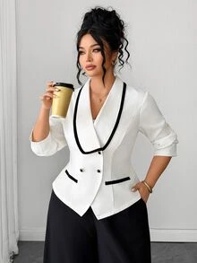 Elenzga Plus Size Women's Colorblock Casual Commute Blazer - Apricot - View 1