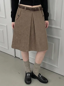 DAZY Rok Wanita Kasual Musim Semi/Gugur Model A-Line Warna Polos Panjang Selutut dengan Lipit dan Kantong, Cocok untuk Liburan Musim Semi/Gugur - Khaki - View 7