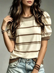 Trelyra Women's Plus Size Striped Round Neck Short Petal Sleeve Casual T-Shirt - White - View 1