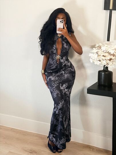 BamGleam Vestido de fiesta elegante para mujer con decoración metálica, plisado y estampado integral, ceñido a la cintura