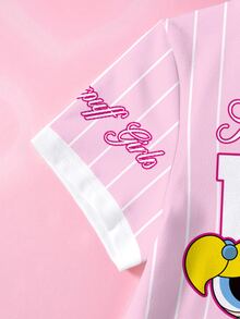THE POWERPUFF GIRLS X SHEIN Young Girl Letter Stripe Print Round Neck Short Sleeve T-Shirt - White - View 4