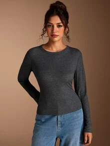 SHEIN BASICS 女款極簡百搭長袖T恤，適合日常穿著 - 卡其色 - 查看 6
