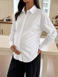 Dazy Maternity Solid Color Fitted Pleated Long Sleeve White Shirt Casual Korean Style Spring/Autumn Maternity Top - White - View 4