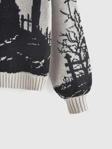 ROMWE Goth Dark Vintage Plus Size Women's Knit Sweater, Cross & Graveyard Print, High Neck, Loose Fit, Long Sleeve, Pullover, Halloween Street Style - Light Grey - View 4