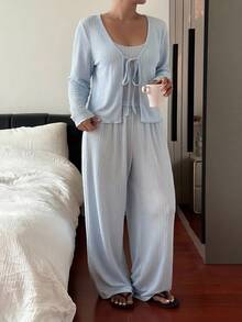 Dazy Plus Plus Size Women Solid Color Long Sleeve Front Tie Top, Camisole And Pants Casual 3 Pieces Pajama Set For Spring And Autumn - Baby Blue - View 8