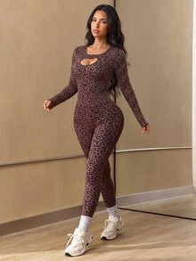 Slayform Women's Leopard Print Cutout Design Long Sleeve Sports Jumpsuit - Brown - View 5