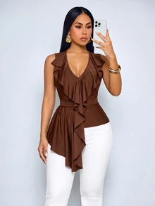SOLERSUN Women's Ruffle V Neck Sleeveless Asymmetrical Hem Fitted Waist Vest Perfect Vacations And Parties - Brown - View 5