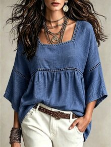 Linhara CURVE Plus Size Lady's Round-Neck Casual Resort Autumn Shirt - Blue - View 1