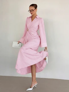 Siren Gaze Women's Striped Collared Waist Metal Decor Patchwork Ruffle Hem Elegant Long Dress - Pink - View 6