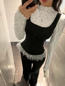 DAZY Women's Sweet Polka Dot Print Lace Patchwork 2 In 1 T-Shirt Fall - Black and White - View 4