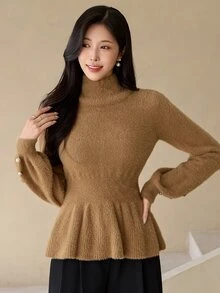 DAZY Women's Elegant Solid Color Stand Collar Sweater, Autumn/Winter Long Sleeve Tops - Brown - View 6