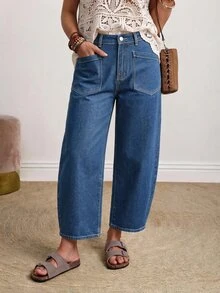 EMERY ROSE Plus Size Women's Casual Daily Denim Jeans With Pockets And Buttons - Blue - View 1