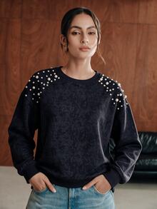 Anewsta Women's Fall Fashion Round Neck Beaded Long Sleeve Sweatshirt For Vacation And Travel Tea Party Everyday Navy Blue Autumn Elegant Casual - Black - View 5