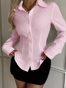 SHEIN EZwear 女款休閒收腰長袖鈕扣襯衫，適合秋冬穿著 - 粉色 - 查看 4