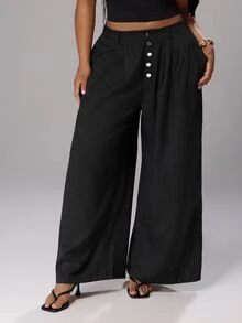 Rustia Fashionable Low-Waist Striped Loose Straight Leg Pants Plus Size Women's Fall - Black - View 1