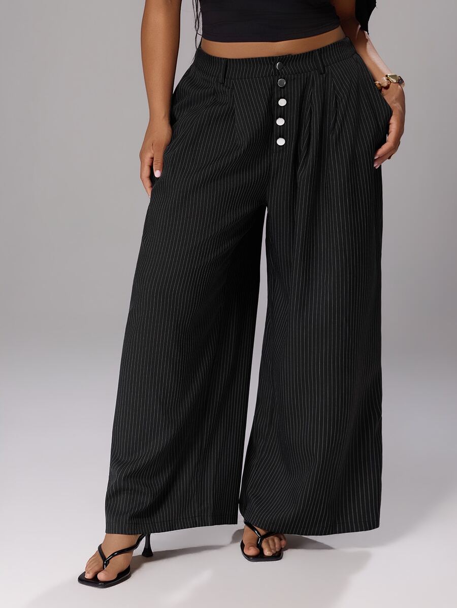 Rustia Fashionable Low-Waist Striped Loose Straight Leg Pants Plus Size Women's Fall - Black - View 1