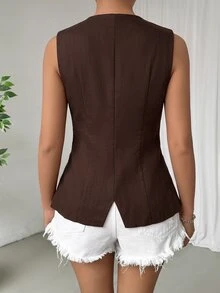 SHEIN EZwear 秋冬款純色鈕扣前襟背心西裝外套 - 棕色 - 查看 2