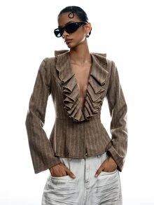 LYSMO Women's Striped Deep V-Neck Ruffle Trim Fashion Versatile Overcoat Autumn Clothes Night Out Outfit - Khaki - View 6