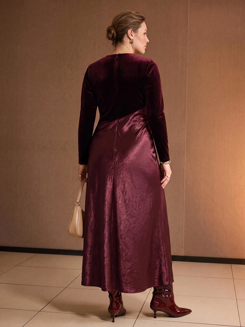 MOTF PLUS SIZE VELVET & SATIN PATCHWORK SPLIT HEM DRESS