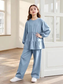 SHEIN 女童寬鬆優雅圓領A字長袖上衣與寬腿褲套裝 - 藍色 - 查看 5