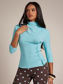 SHEIN BAE Lake Blue High Neck Cap Sleeve Short Sleeve Dress, Side Button Ruched Waist, Elastic Drape Slim Fit Casual Flattering Short A-Line Skirt - Blue - View 6
