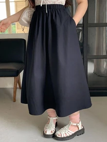 Dazy Plus Elastic Waist Solid Color A-Line Versatile Long Skirt, Fun Commuter Style, Spring/Autumn New Arrival - Navy Blue - View 3