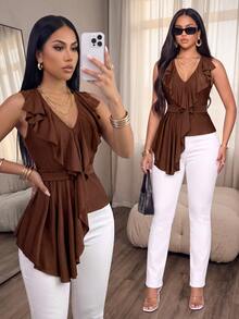 SOLERSUN Women's Ruffle V Neck Sleeveless Asymmetrical Hem Fitted Waist Vest Perfect Vacations And Parties - Brown - View 7