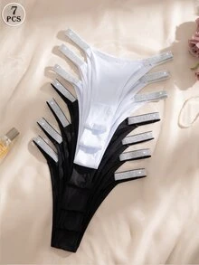 SHEIN 銀色腰帶舒適性感女款三角內褲 7件組 - 黑與白 - 查看 2