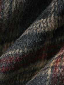 Livesso Dark Gray & Red Plaid Leather Patchwork Lapel Loose Drop Shoulder Long Sleeve Vintage Casual Versatile Jacket Fall - Multicolor - View 5