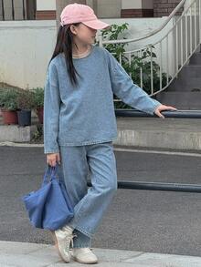Dazy Kids 青少年女孩圓領長袖上衣與長褲休閒日常牛仔套裝 - 淺色水洗藍 - 查看 6
