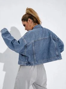 SHEIN Casual Streetwear Light Blue Distressed Denim Jacket, Drop Shoulder Loose Fit, Single Back Pocket Design, Short Outerwear Travel Autumn - Light Wash - View 2