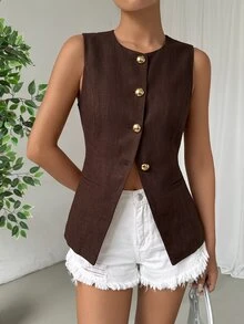 SHEIN EZwear 秋冬款純色鈕扣前襟背心西裝外套 - 棕色 - 查看 4