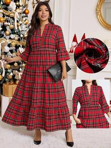 Easowa Curve Christmas Plus Size Women's Plaid Cutout V-Neck Ruffle Hem Dress - Multicolor - View 1
