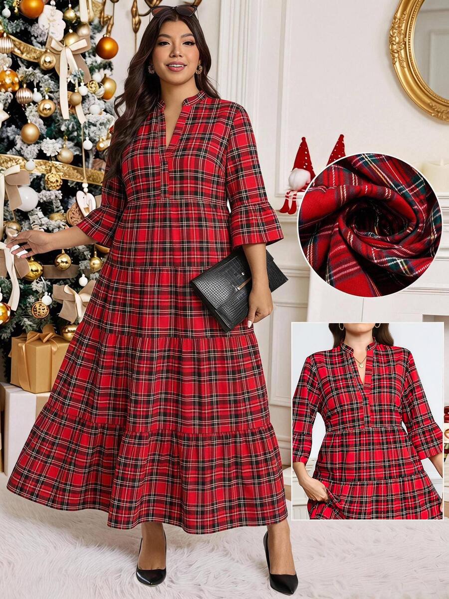 Easowa Curve Christmas Plus Size Women's Plaid Cutout V-Neck Ruffle Hem Dress - Multicolor - View 1