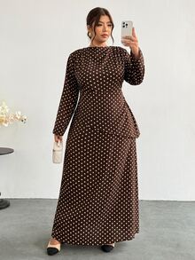 Firerie 棕色波點兩件式套裝（大尺碼）：簡約優雅時尚長袖襯衫與喇叭裙，女性優雅辦公商務工作套裝 - 棕色 - 查看 8
